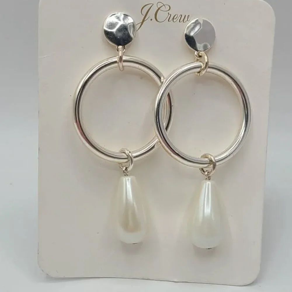 J Crew Silver Tone stud Hoops with Large Pearl Drop Earrings NWT!  NEW!